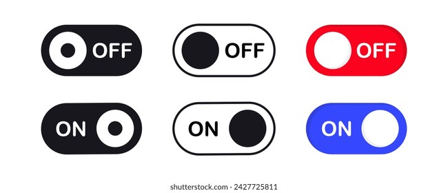 Switch buttons. On and Off toggle switch icons. Switch to Day and Night mode buttons. Slider interface button. Mobile app switch buttons, interface elements
