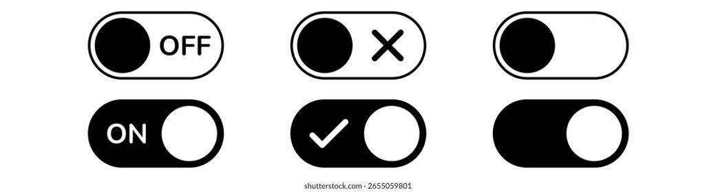 Switch buttons. On and Off toggle switch icons. Switch to Day and Night mode buttons. Slider interface button. Mobile app switch buttons, interface elements