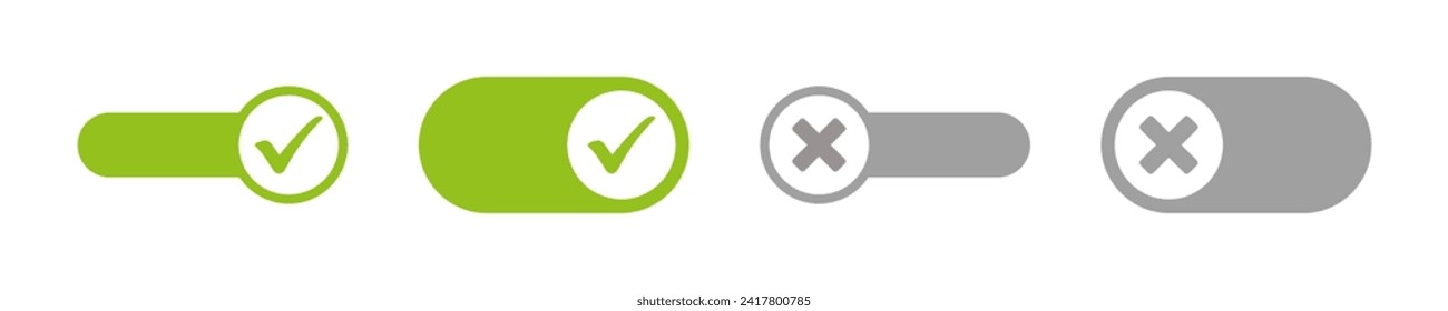 Switch buttons set. Sliders ON and OFF. Illustration of on and off slider button. Modern green slider button vector design style