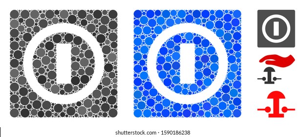 Switch composition of small circles in different sizes and color tints, based on switch icon. Vector random circles are composed into blue composition. Dotted switch icon in usual and blue versions.