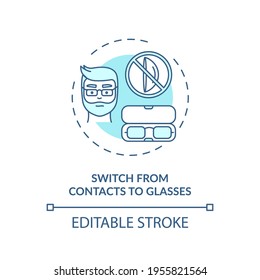 Switch from contacts to glasses concept icon. Digital eyestrain prevention tips. Changing eye care equipment idea thin line illustration. Vector isolated outline RGB color drawing. Editable stroke