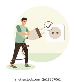 Switch device to standby mode. Man plugging in a large plug into a socket with a check mark. Emphasizing connection and energy. Flat vector modern illustration 