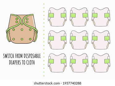 Switch from disposable diapers to cloth. Change single-use disposable things on reusable. Zero waste and sustainable life. Say no to plastic, eco lifestyle. Hand drawn vector illustration
