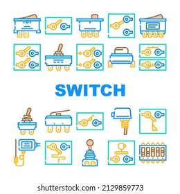 Switch Electricity Accessory Icons Set Vector. Double Pole Single Throw Switch And Electronic Mechanism Line. Joystick And Temperature Measuring Electrical Device Color Illustrations