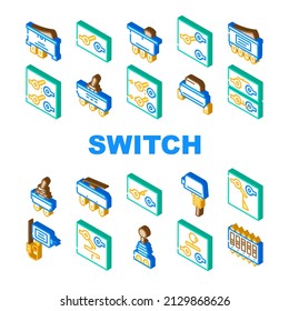 Switch Electricity Accessory Icons Set Vector. Double Pole Single Throw Switch And Electronic Mechanism Line. Joystick And Temperature Measuring Electrical Device Isometric Sign Color Illustrations