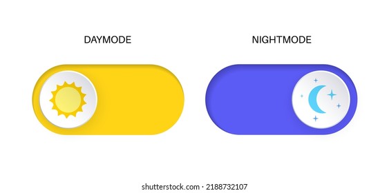 Botón Cambiar elemento para el tema claro u oscuro. Símbolo de alternancia digital. Icono de modo nocturno diario para la aplicación. Indicador para smartphone. Control frontal ilustración vectorial realista sobre blanco