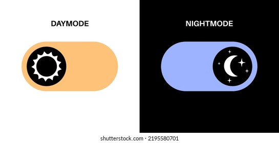 Switch element button for light or dark theme. Digital toggle symbol. Day night mode icon for application. Indicator for smartphone. Frontend control vector illustration on white black background