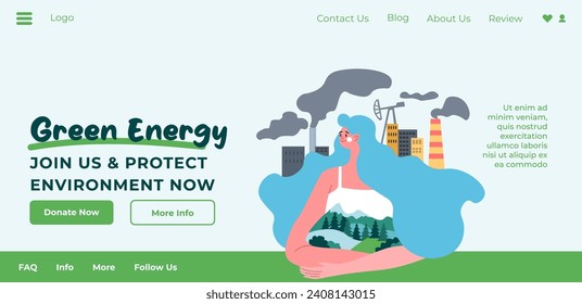 Switch to green energy, reducing negative impact on climate and environment. Use renewable resources, solar panels, hydropower. Website landing page template, internet site. Vector in flat style