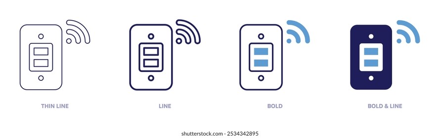 Icono de interruptor en 4 estilos diferentes. Línea delgada, línea, negrita y línea negrita. Estilo duotono. Trazo editable.