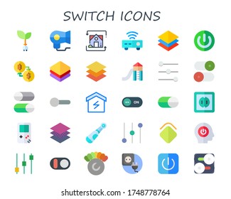 switch icon set. 30 flat switch icons. Included plug, hair dryer, exchange, router, layer, power, layers, slider, controls, switches, socket, gameboy, electric, volume control icons