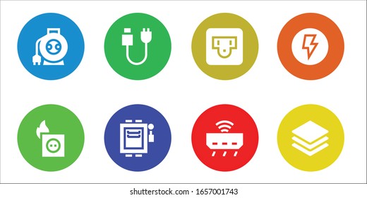 switch icon set. 8 filled switch icons.  Simple modern icons such as: Wire, Plug, Electrical, Socket, Router, Electricity, Layers