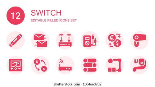 switch icon set. Collection of 12 filled switch icons included Level, Exchange, Router, Voltmeter, Slider, Wire, Hair dryer, Lever