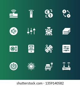 switch icon set. Collection of 16 filled switch icons included Router, Electric, Control, Power, Levels, Wires, Voltmeter, Layers, Volume adjustment, Exchange, Wire, Modem