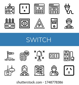 Switch Icon Set. Collection Of Lever, Power Transformer, Socket, Slider, Voltage, Computer Tower, Plug, Electrician, Wind Socket, Turn Off, Adjustment, Table Lamp, Power Strip Icons