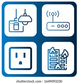 switch icon set. Collection of Turn off, Router, Socket, Building on fire icons