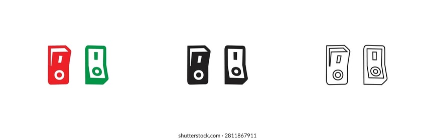 Switch icon set. Power on and off toggle switches. Electrical button control concepts. System interface activation indicators. Green and red switcher symbols.