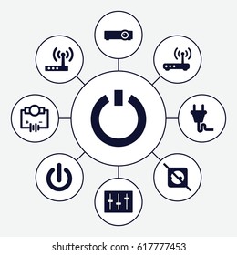 Switch icons set. set of 9 switch filled icons such as sliders, plug, router, switch off, no plug
