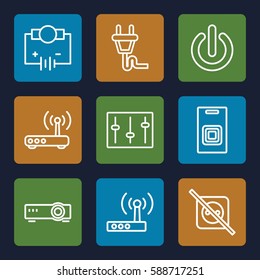 switch icons set. Set of 9 switch outline icons such as sliders, plug, router, door bell, switch off, Electricity