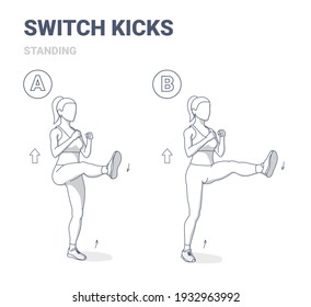 Switch Kicks Exercise Woman Home Workout Guidance Flat Illustration. Young Athletic Female Doing Kicks Switching Legs Routine Outline Concept.