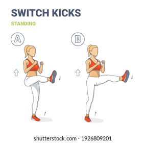 Switch Kicks Girl Home Workout Exercise Guidance. Young Athletic Female Doing Front Kicks Jumping and Switching Legs Routine Concept.