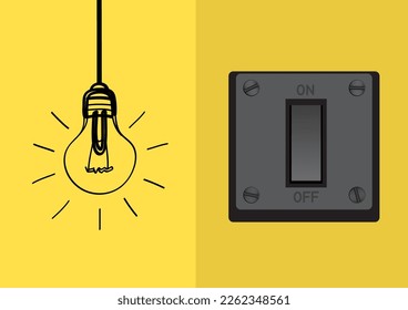 Switch lamp light on yellow background. Hanging on and off idea solution with light bulb