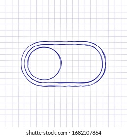 switch off, app slider. Hand drawn picture on paper sheet. Blue ink, outline sketch style. Doodle on checkered background