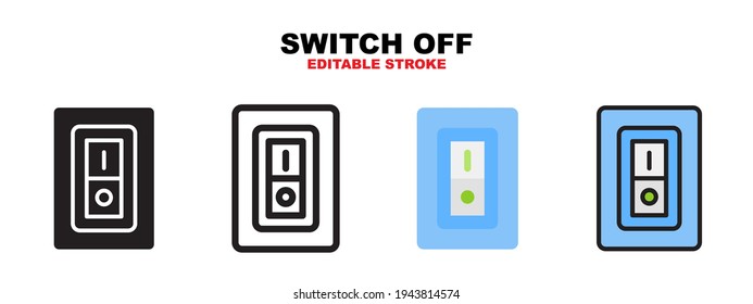 Switch Off icon set with different styles. Icons designed in filled, outline, flat, glyph and line colored. Editable stroke and pixel perfect. Can be used for web, mobile, ui and more.