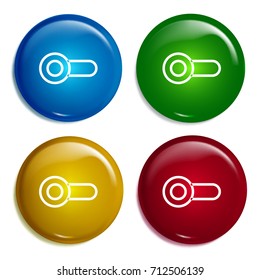 Switch off multi color gradient glossy badge icon set. Realistic shiny badge icon or logo mockup