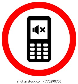 SWITCH OFF PHONE sign in red circle. Button cellphone with NO SOUND icon on screen. Vector.