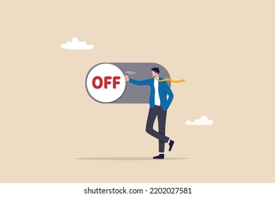 Switch off or turn off setting preference, analytics control panel or power shutdown electricity, saving energy and ecology concept, businessman pushing switch to be off in control panel dashboard.