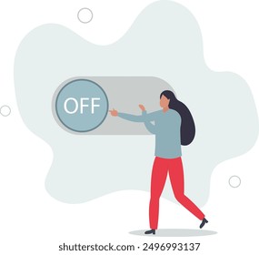 Switch off or turn off setting preference, analytics control panel or power shutdown electricity, saving energy and ecology concept.flat design.illustration with people.