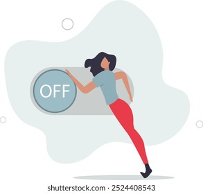 Switch off or turn off setting preference, analytics control panel or power shutdown electricity,flat design with people.