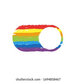 switch on, app slider. Drawing sign with LGBT style, seven colors of rainbow (red, orange, yellow, green, blue, indigo, violet
