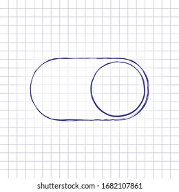 switch on, app slider. Hand drawn picture on paper sheet. Blue ink, outline sketch style. Doodle on checkered background