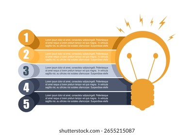 Ative o ícone de lâmpada com cinco recursos ou opção de projeto a selecionar. Ilustração infográfica mínima para visualização de informações de negócios e ciências.