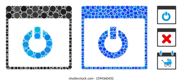Switch on calendar page composition of round dots in various sizes and color hues, based on switch on calendar page icon. Vector dots are composed into blue composition.