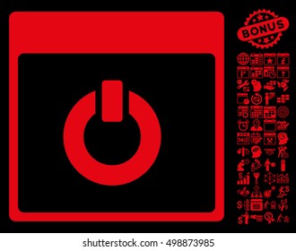Switch on Calendar Page icon with bonus calendar and time management images. Vector illustration style is flat iconic symbols, red, black background.