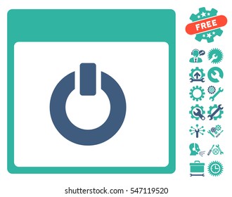 Switch on Calendar Page icon with bonus setup tools symbols. Vector illustration style is flat iconic symbols, cobalt and cyan, white background.