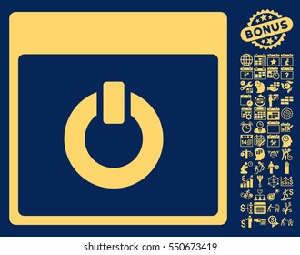 Switch on Calendar Page icon with bonus calendar and time management images. Vector illustration style is flat iconic symbols, yellow, blue background.
