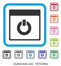 Switch On Calendar Page icon. Flat grey iconic symbol inside a light blue rounded frame. Black, gray, green, blue, red, orange color versions of Switch On Calendar Page vector.