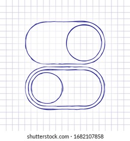 switch on or off, app slider. Hand drawn picture on paper sheet. Blue ink, outline sketch style. Doodle on checkered background