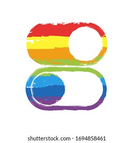 switch on or off, app slider. Drawing sign with LGBT style, seven colors of rainbow (red, orange, yellow, green, blue, indigo, violet