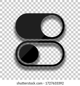 switch on or off, app slider. Black glass icon with soft shadow on transparent background