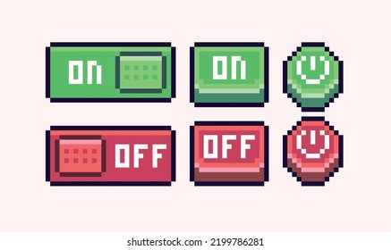 Switch on and off button pixel art set. Shutdown slider collection. Red and green interface switchers. 8 bit sprite. Game development, mobile app.  Isolated vector illustration.