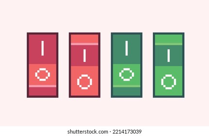 Switch on and off button pixel art set. Shutdown slider collection. Red and green interface switchers. 8 bit sprite. Game development, mobile app. Isolated vector illustration.
