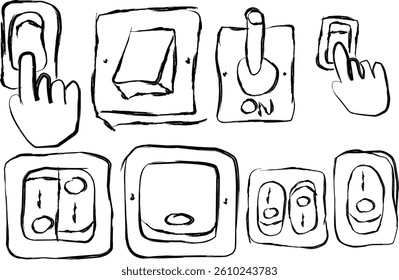 Switch On Off icon collection in doodle style. Includes on off button, button, on off switch, on off touch and More. hand drawn vector icon collection