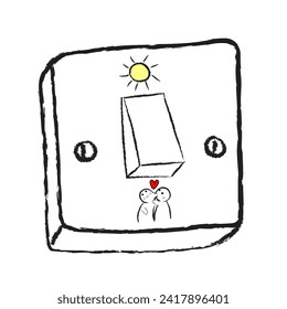switch on a white background with signs to turn on the sun and turn off a kissing couple in love with a heart
