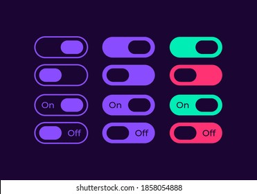 Switch sliders for media UI elements kit. Multimedia notification isolated vector icon, bar and dashboard template. Web design widget collection for mobile application with dark theme interface