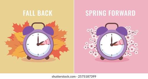 Switch to summer and winter time. Daylight saving time vector illustration. Spring forward, fall back 