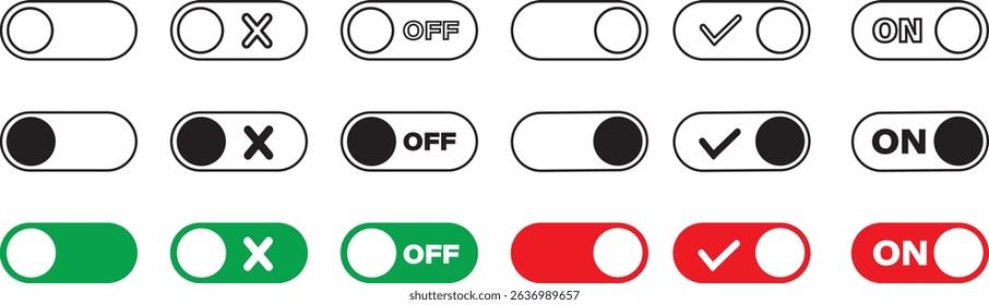 Switch toggle button icons symbol. Setting toggle icons design. Black switch button, switch buttons set symbol vector,